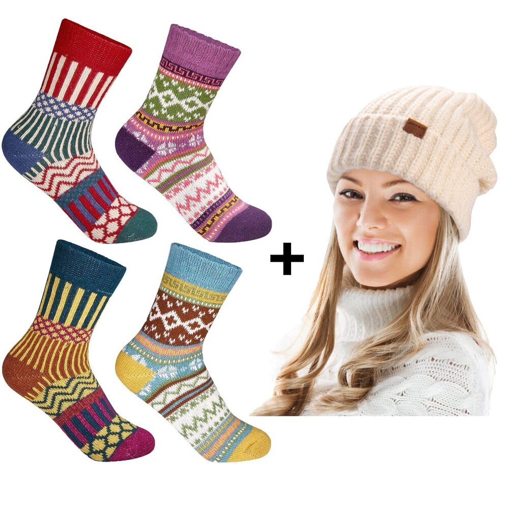 7434 Winter Warm Wool Socks and Slouchy Fall Beanie Hat Bundle Mix2 &